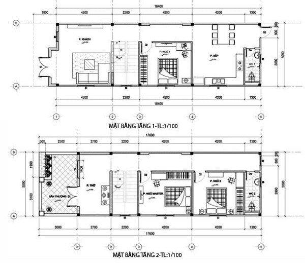 Bản vẽ thiết kế mẫu nhà 2 tầng đẹp 5 x15 có 3 phòng ngủ