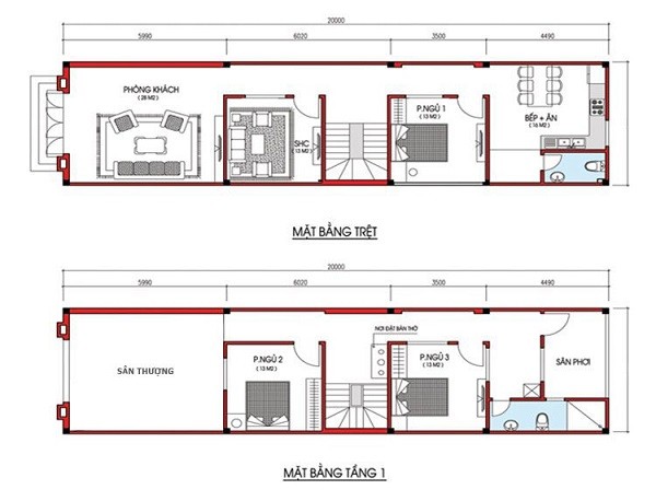 Bản vẽ mẫu nhà 2 tầng đẹp 5x15m có phòng sinh hoạt chung