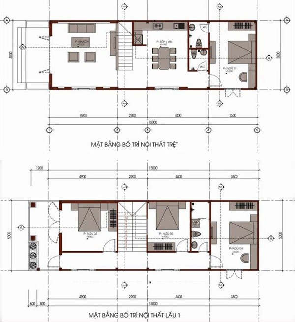 Bản vẽ mẫu nhà 2 tầng 5x15 4 phòng ngủ