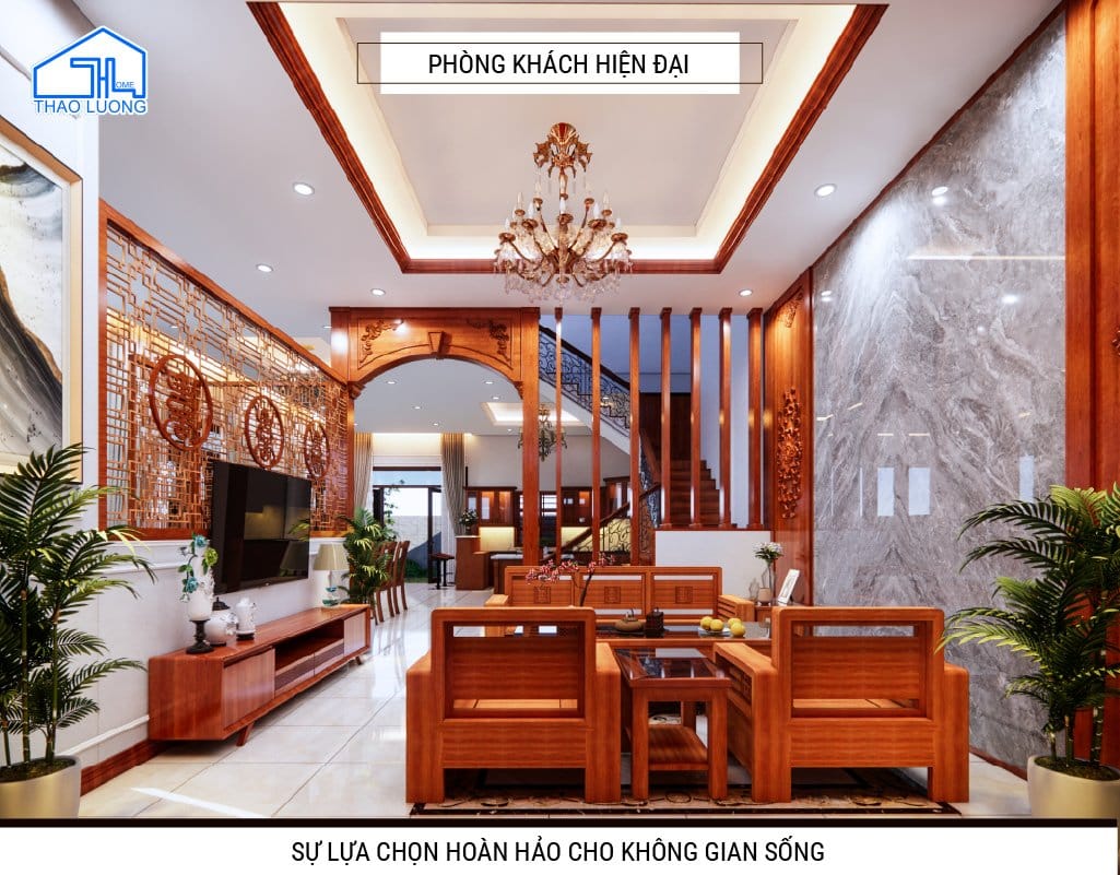 Thiết kế phòng khách sang trọng với nội thất gỗ tự nhiên