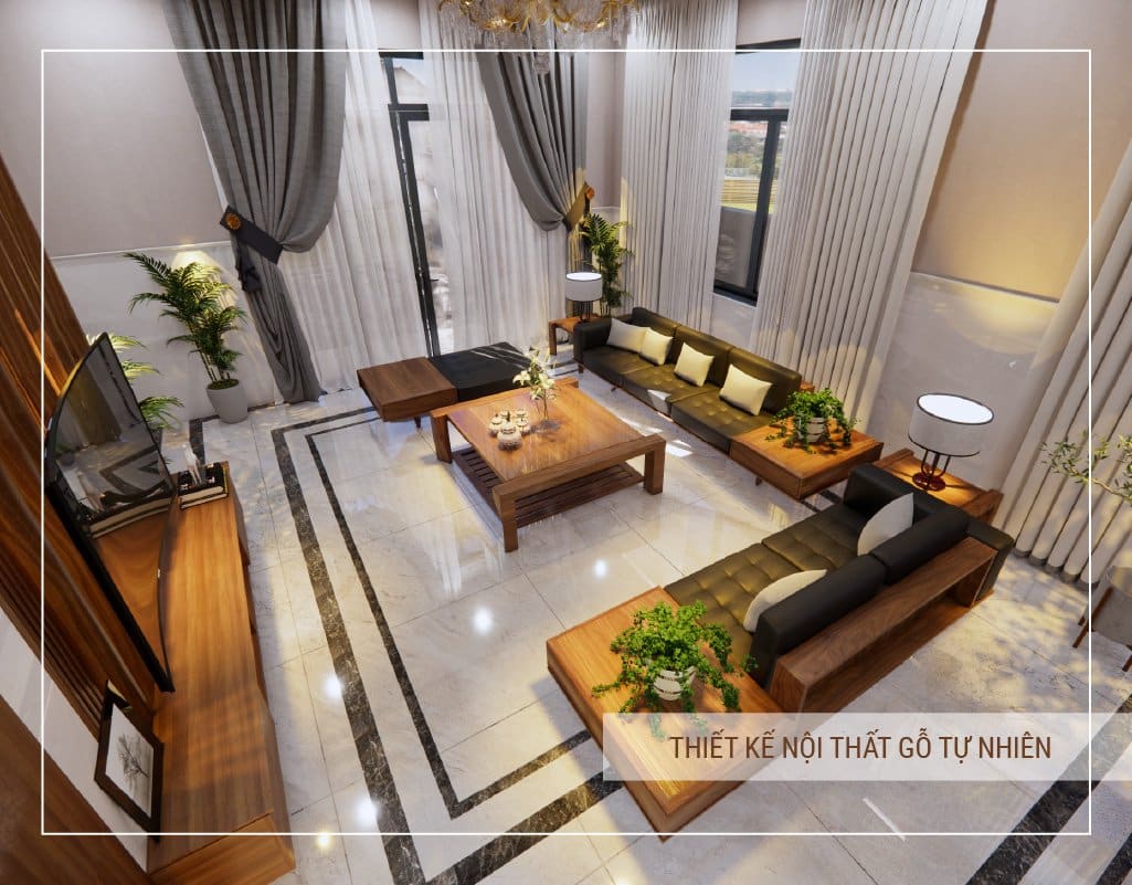 Thiết kế phòng khách sang trọng với nội thất bằng gỗ tự nhiên